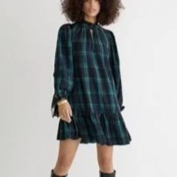 J. Crew Ruffle Puff-Sleeve Dress Green Black Watch Tartan Womens Size M - Picture 1 of 8